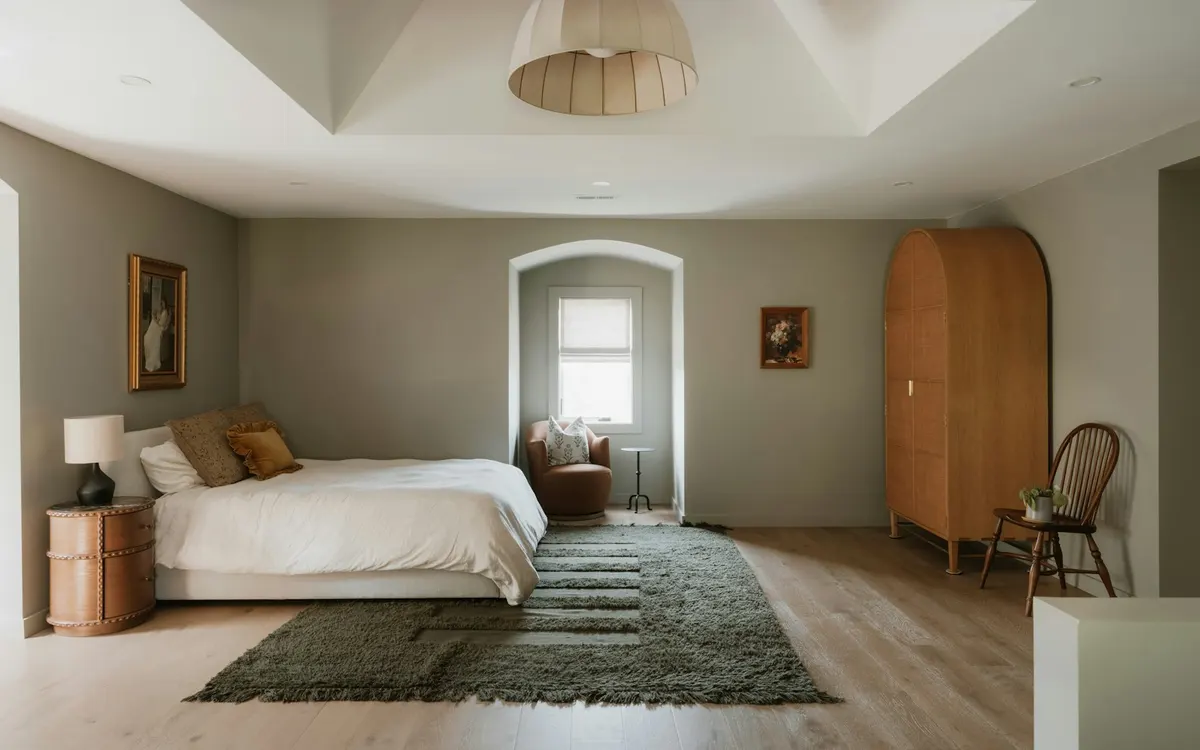 Quarto luminoso com cama e arrumação discreta