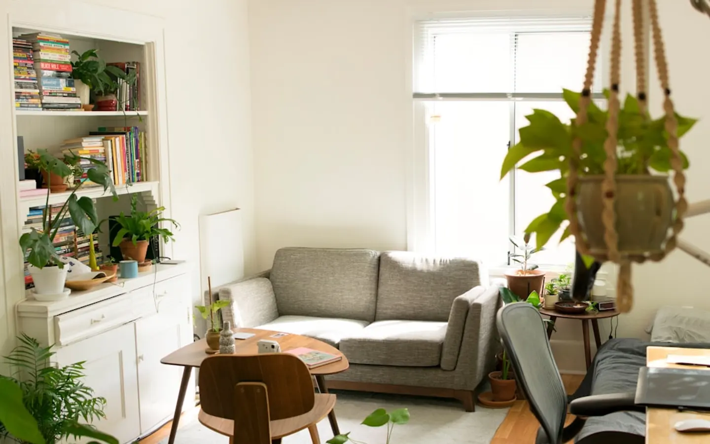 Bright lived-in living room with integrated storage