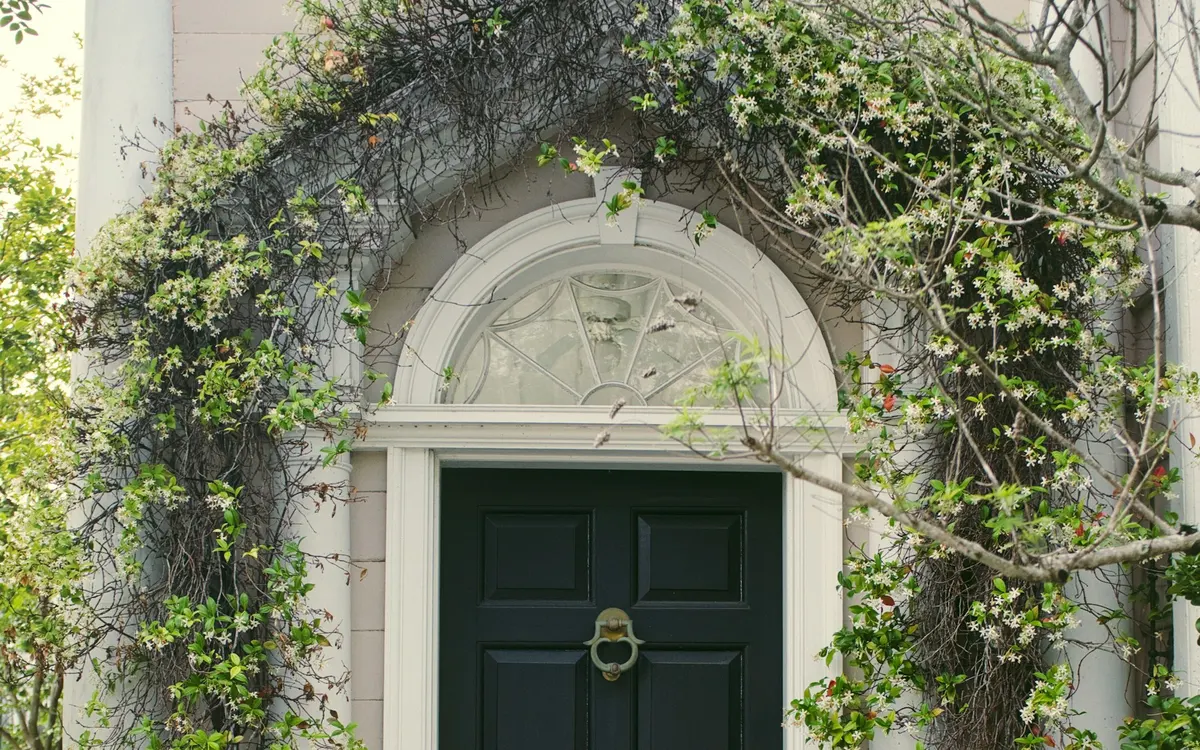 Entrada exterior de uma casa com porta verde
