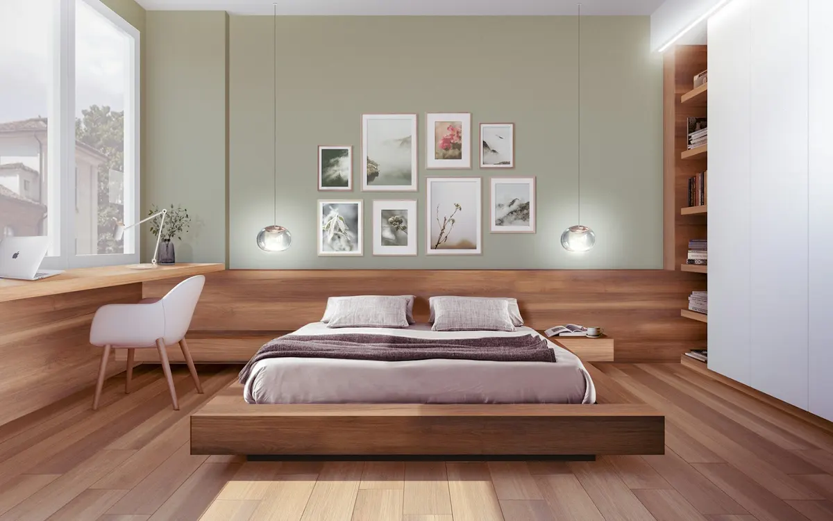 Quarto organizado com cama e mesas de cabeceira