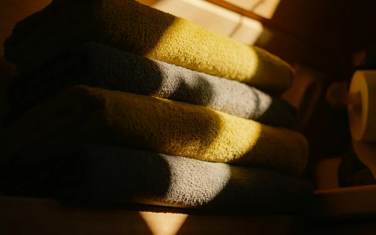 A stack of folded textiles in warm light before being stored away